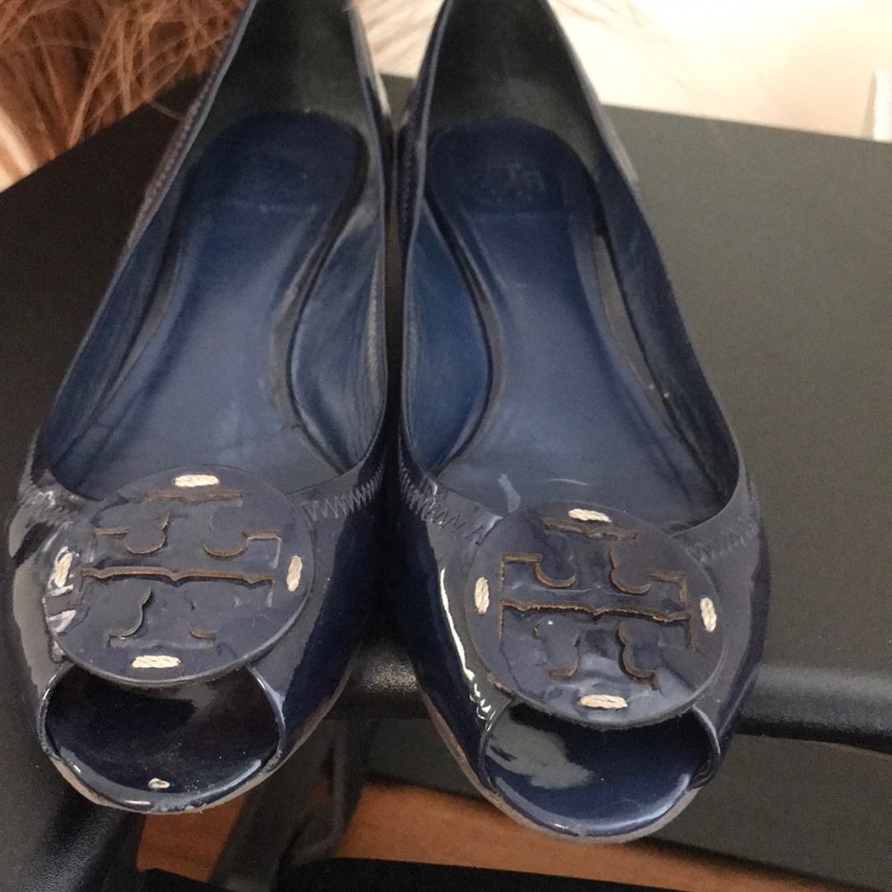 Tory Burch Peep Toe Wedge Navy Blue Patent Leather